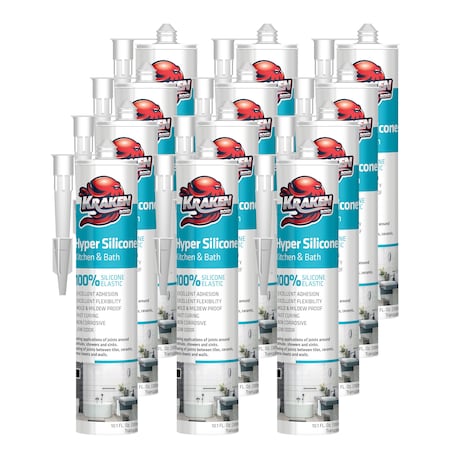 Krakenbond Krakenbond Kitchen & Bath, %100 Silicone, Waterproof Anti Shrink, Shower, Sink, 10.1 oz, Clear, 12PK KR918NSCLRNSS-12